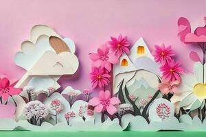 AI generated Colorful paper cut style flowers and leaves romantic scenery. Valentines Day. Mother's Day anniversary. Pro Photo