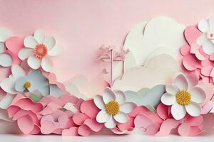 AI generated Colorful paper cut style flowers and leaves romantic scenery. Valentines Day. Mother's Day anniversary. Pro Photo