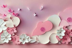 AI generated Colorful paper cut style flowers and leaves romantic scenery. Valentines Day. Mother's Day anniversary. Pro Photo