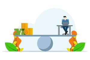 Work and life balance concept, businessman working hard at busy desk balancing dollar bill salary, wage, salary or income, working for money or motivating incentives to work overtime. flat vector. vector