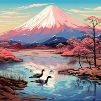 AI generated mountain fuji with sakura tree illustration photo