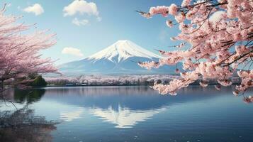 AI generated view of Mount Fuji with cherry blossom branches photo