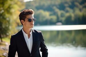 AI generated portrait of sexy handsome fashion businessman model dressed in elegant suit posing behind lake photo