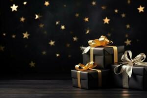 AI generated black and golden gifts boxes on black background photo