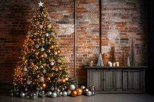 AI generated View of beautifully decorated christmas tree in old home photo