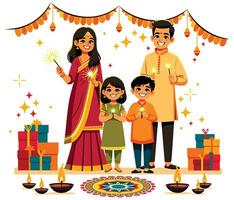 indio familia celebrando diwali vector