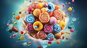 AI generated colored sweets on abstract background, colored candy on background, sweet cookies on colorful background, sweets wallpaper photo