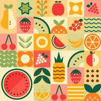 Geometry mosaic fruit seamless pattern. Abstract minimal summer fruits, berries, leaves repeat background banner. Vector natural organic plant simple shapes. Tasty wallpaper, textile, wrapping paper