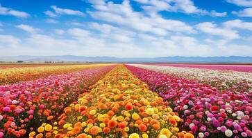 AI generated field of flowers, flowers in the field, colored flowers under the sky, colored flowers, flowers field photo