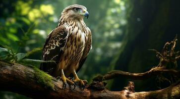 AI generated close-up of atropical wild bird in the forest, tropical wild bird, wild bird in the forest, bird sitting on the tree photo