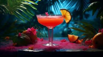 AI generated colorful glass of coctail on the abstract background, tropical coctail on the table photo