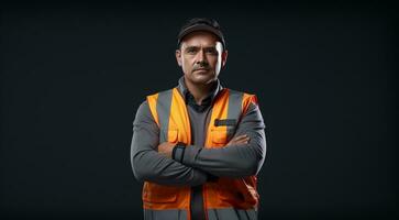 AI generated hard worker with at the work, hard worker portrait, factory worker, construction site worker photo