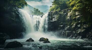 AI generated waterfall in the mountains, waterfall in the forest, waterfall scene, waterfall and rocks photo