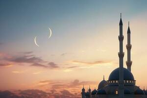 ai generado Ramadán kareem alto minaretes, mezquita Hazme y creciente y brillante estrella en el cielo. religioso antecedentes. foto