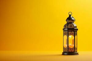 AI generated Arabic lantern glowing on yellow background holy month Ramadan Kareem photo