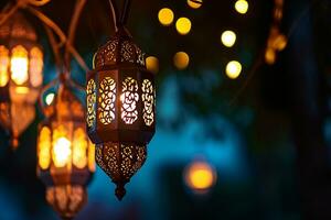 AI generated An illuminated Arabic colorful hanging Ramadan lantern photo