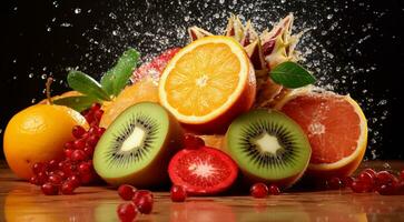 ai generado delicioso de colores frutas en de colores fondo, fondo de pantalla de frutas, rebanado frutas en resumen fondo, frutas antecedentes foto