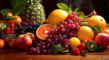 AI generated delicious colored fruits on colored background, wallpaper of fruits, sliced fruits on abstract background, fruits background photo