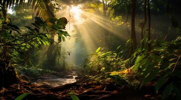 ai generado paisaje con árboles, bosque vista, tropical bosque vista, plantas y arboles foto