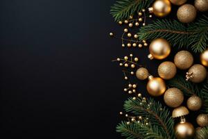 AI generated Christmas composition of branches with baubles and gifts with copy space photo