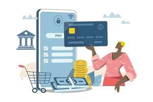 Online transactions, Pay by credit card, currency exchange, Smartphone with Online Payment, Businesswoman conducts financial transactions with bank electronically wirelessly. vector