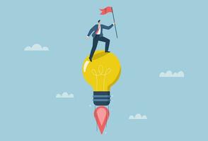 Ideas towards goals, innovation or creative new thinking encourages business to reach goals, Businessman holds winner flag riding light bulb idea flying into the sky. Vector design illustration.