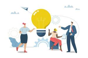 Brainstorming ideas creative, Finding suitable solutions and strategies together, Working as a team or collaboration, Cooperation, Team gathering ideas. Businessman and woman with big light bulbs. vector