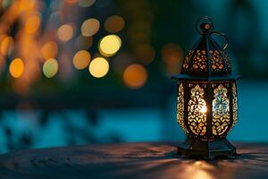 AI generated Ornamental Arabic lanterns. Glittering golden bokeh lights on the table photo