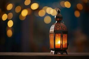 AI generated Ornamental Arabic lanterns. Glittering golden bokeh lights on the table photo