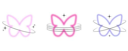 Y2k blurred butterfly. Gradient sticker element. Aesthetic groovy soft figure with glow. Aura trendy effect with orbits and sparkles on white background vector