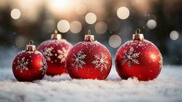 AI generated Selective focus of red and white christmas bulbs in the snow with bokeh lights on the background photo