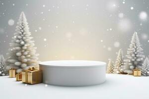 AI generated 3d rendered white and snowy Podium display for merry Christmas event photo