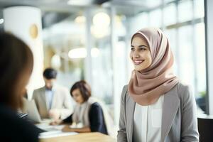 AI generated Asian Muslim female hr manager wearing hijab giving interview photo