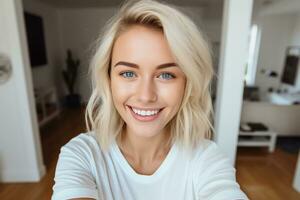 AI generated happy young woman taking a selfie generative AI photo
