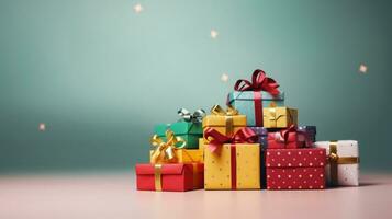 AI generated front view of gift boxes on green background photo