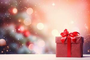 AI generated Christmas gift box on bokeh background photo