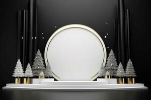 AI generated merry Christmas 3d rendered black and white Podium display for event photo