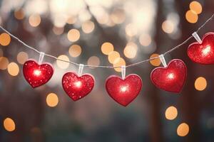 AI generated Valentine day love beautiful hearts hanging on branch of tree photo