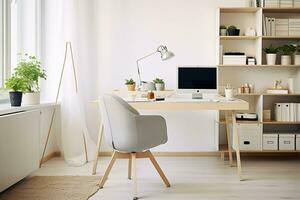 AI generated Wood office desk table with laptop computer, cup of coffee and supplies. with copy space, flat lay. photo