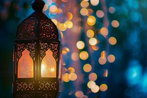 AI generated Ornamental Arabic lanterns. Glittering golden bokeh lights on the table photo