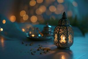 AI generated Ornamental Arabic lanterns. Glittering golden bokeh lights on the table photo