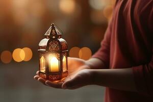 AI generated Muslim man holding arabic lantern, Ramadan kareem background photo