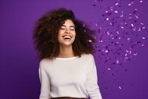 AI generated Portrait of beautiful young woman with confetti on isolated background generative AI photo