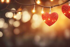 AI generated Valentine day love beautiful hearts hanging on branch of tree photo