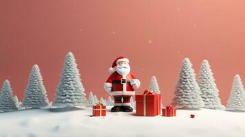 AI generated 3d rendered minimal santa clause with christmas tree and gifts on pastel background photo