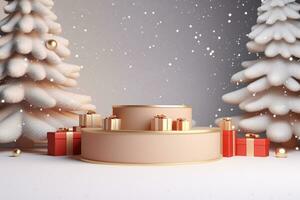 AI generated 3d rendered white and snowy Podium display for merry Christmas event photo