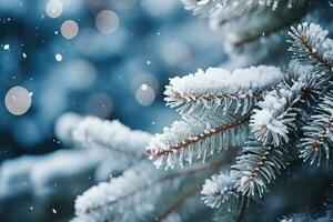 AI generated Snowflakes settling on pine branches under soft winter moonlight photo