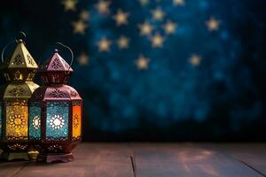 AI generated Colorful Arabic lantern glowing for Muslim holy month Ramadan Kareem photo