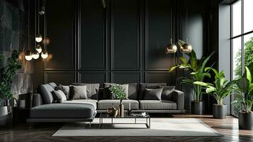 AI generated Black living room interior design with sofa minimal aesthetic 3d rendered photo