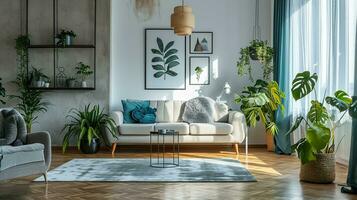 AI generated living room interior design with sofa minimal aesthetic 3d rendered photo